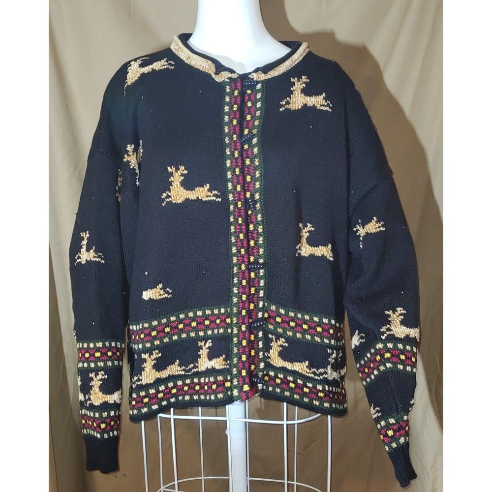 Christine Foley Sweater Cardigan Womens Reindeer Sz2 Knit VTG Granny, Christmas‎